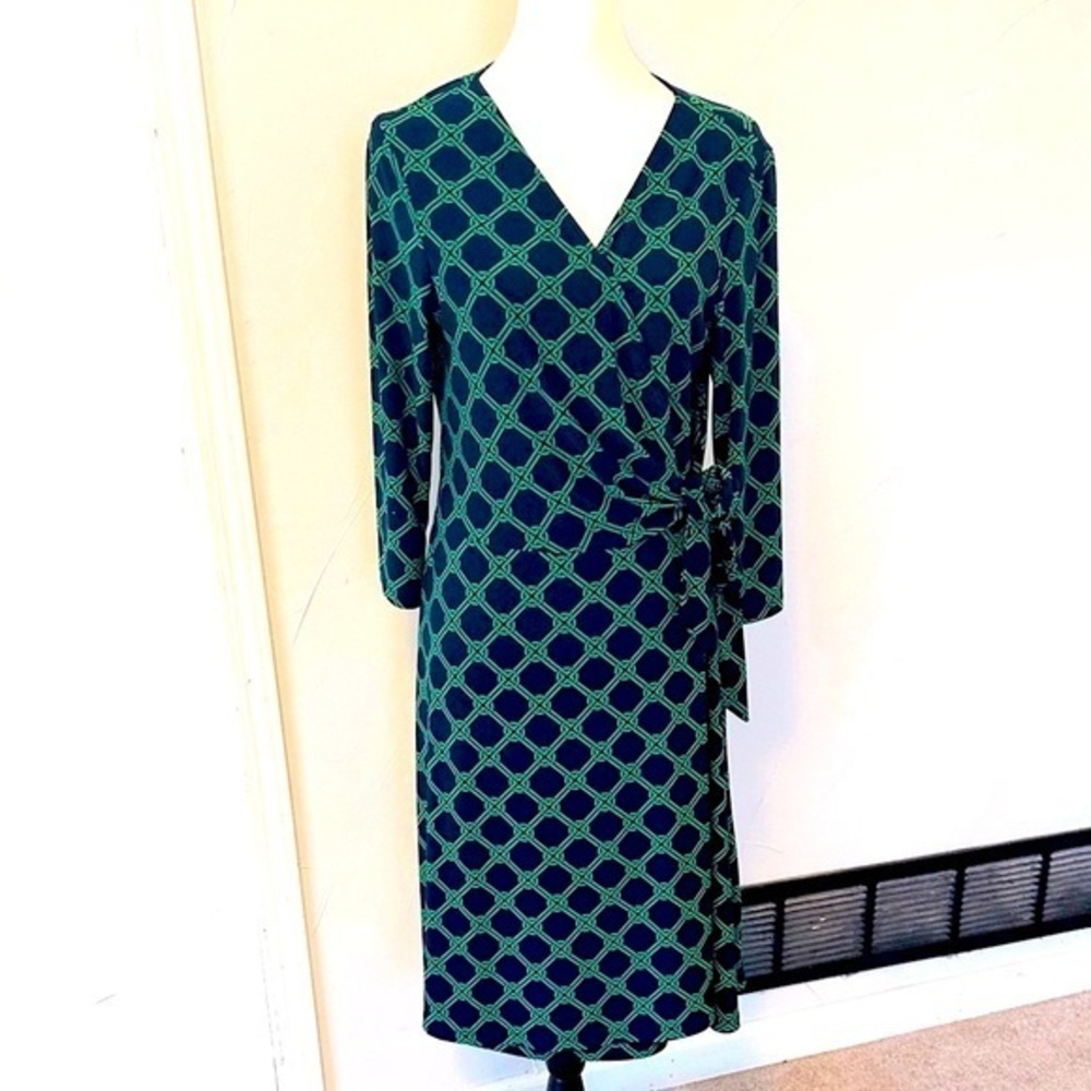 Chaps by Ralph Lauren Green Faux Wrap Chain Geo MCM Print Dress EUC L